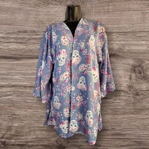 Whimsigoth Floral Skull Kimono Cardigan M Blue Pink Rose Fairy Grunge Open Front